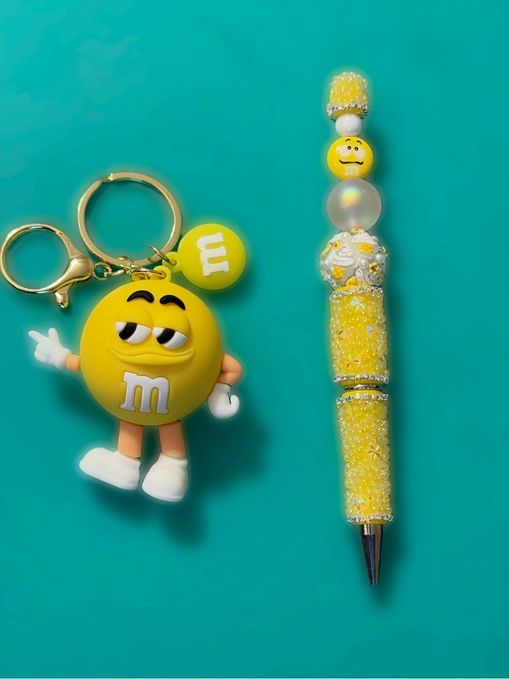 Yellow M&M's Keychain & Beaded Fancy Pen